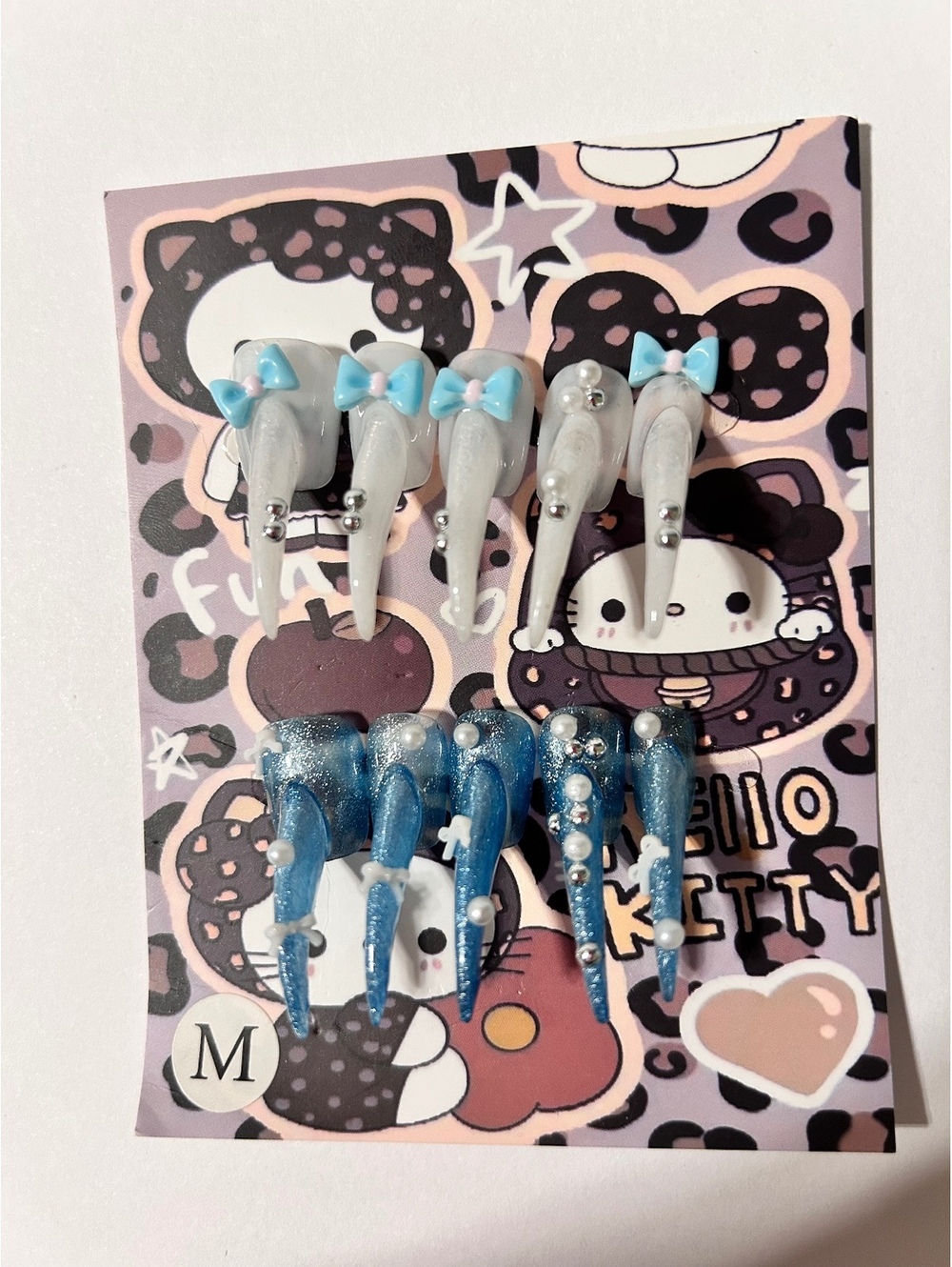 Hello Kitty Themed Blue and White Glittery False Nails Size M